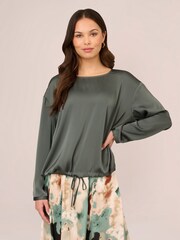 Adrianna Papell Green Drawstring Hem Scoop Neck Woven Blouse - Image 1 of 7