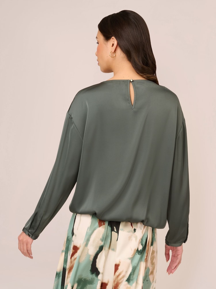 Adrianna Papell Green Drawstring Hem Scoop Neck Woven Blouse - Image 2 of 7 Adrianna Papell Green Drawstring Hem Scoop Neck Woven Blouse - Image 2 of 7