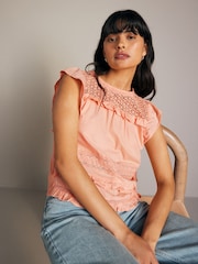 Peach Pink Frill Sleeve Lace Insert Summer 100% Cotton Blouse - Image 1 of 7