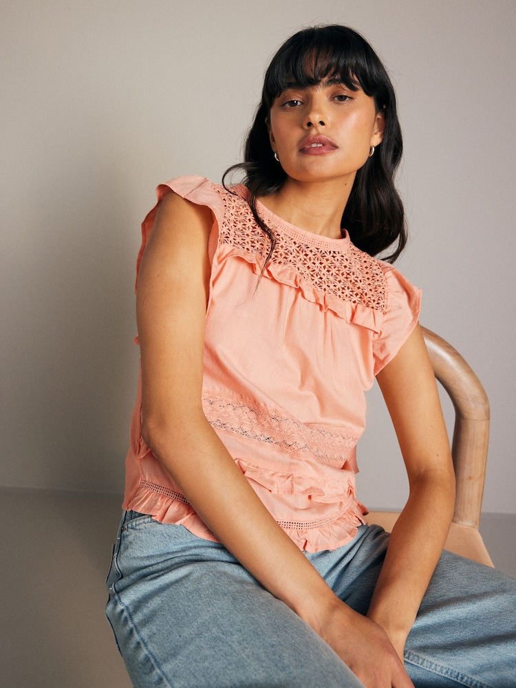 Peach Pink Frill Sleeve Lace Insert Summer 100% Cotton Blouse - Image 1 of 7