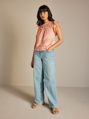 Peach Pink Frill Sleeve Lace Insert Summer 100% Cotton Blouse - Image 2 of 7