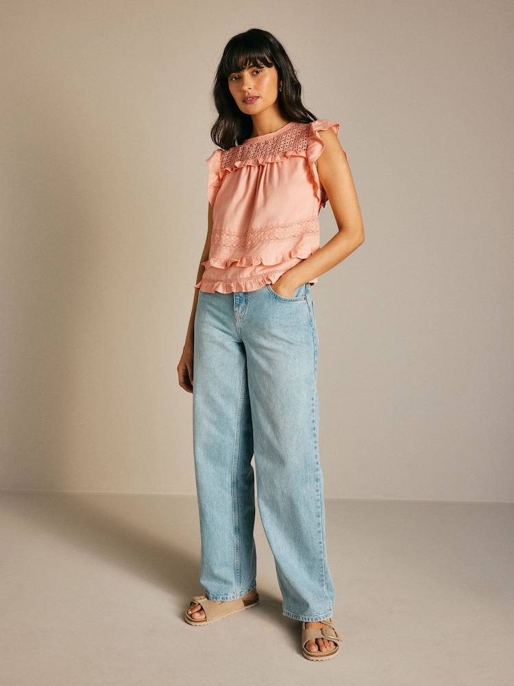 Peach Pink Frill Sleeve Lace Insert Summer 100% Cotton Blouse - Image 2 of 7