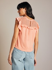 Peach Pink Frill Sleeve Lace Insert Summer 100% Cotton Blouse - Image 3 of 7