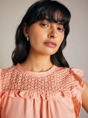 Peach Pink Frill Sleeve Lace Insert Summer 100% Cotton Blouse - Image 5 of 7