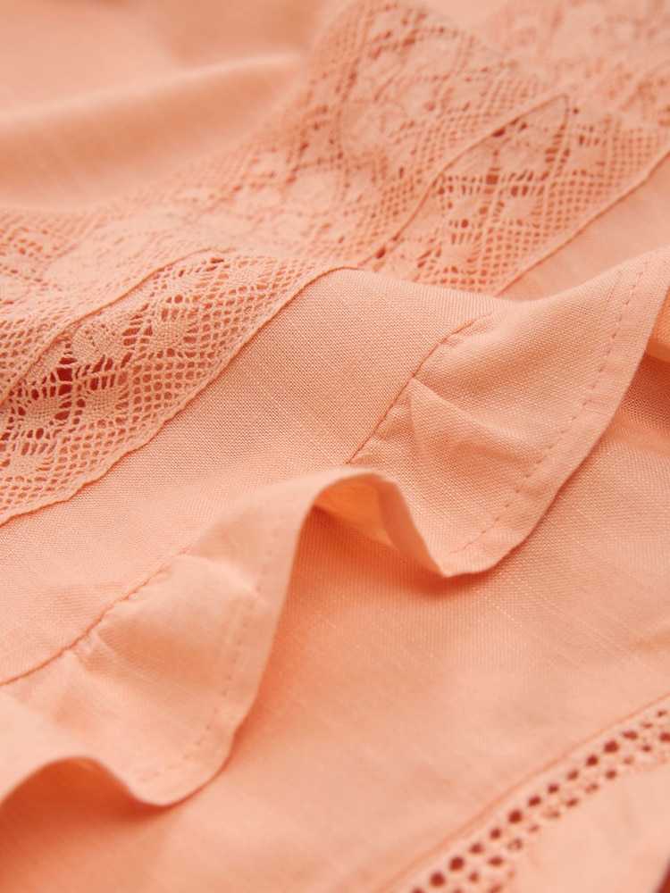 Peach Pink Frill Sleeve Lace Insert Summer 100% Cotton Blouse - Image 7 of 7 Peach Pink Frill Sleeve Lace Insert Summer 100% Cotton Blouse - Image 7 of 7