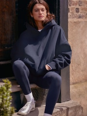 Blue Navy Oversized Relaxed Fit Heavyweight Brushed Longline Hoodie Sweatshirt - Image 1 of 7