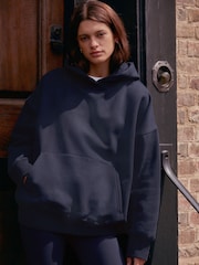 Blue Navy Oversized Relaxed Fit Heavyweight Brushed Longline Hoodie Sweatshirt - Image 2 of 7
