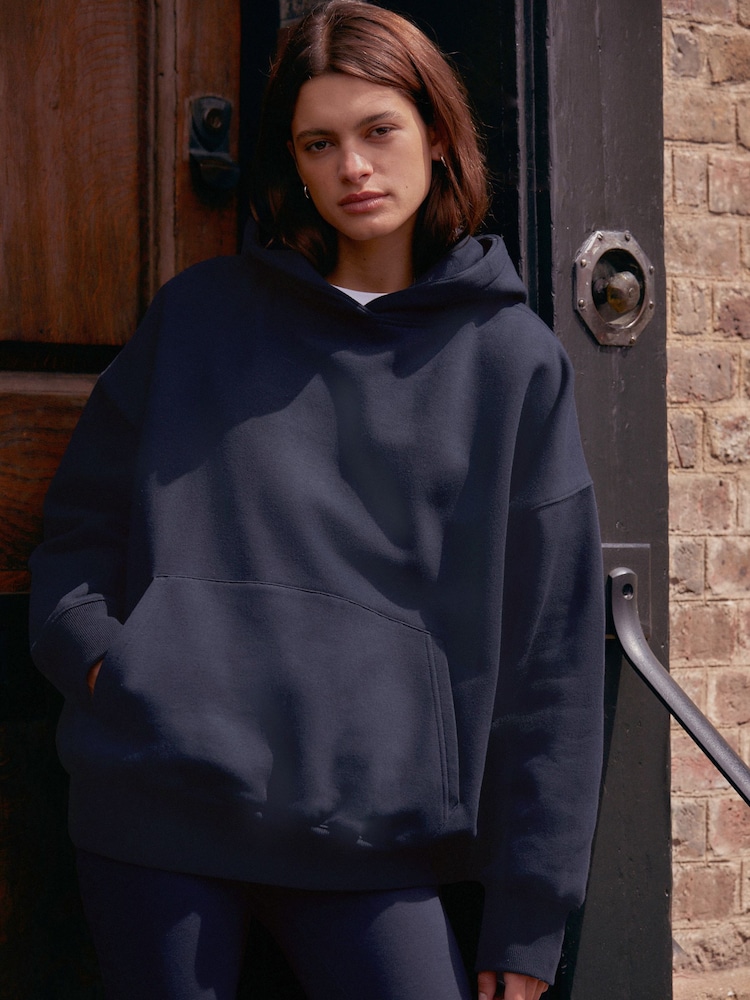 Blue Navy Oversized Relaxed Fit Heavyweight Brushed Longline Hoodie Sweatshirt - Image 2 of 7