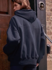 Blue Navy Oversized Relaxed Fit Heavyweight Brushed Longline Hoodie Sweatshirt - Image 3 of 7