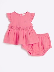 River Island Pink Baby Girls 100% Cotton Cheesecloth Bloomer Set - Image 1 of 4