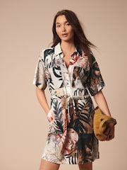 Ecru Tropical Leaf Print Mini Drawstring Utitlity Dress - Image 1 of 6