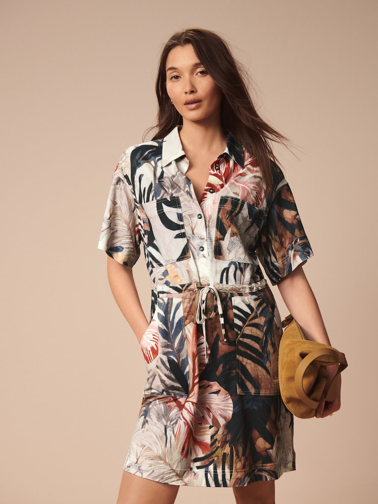 Ecru Tropical Leaf Print Mini Drawstring Utitlity Dress - Image 1 of 6