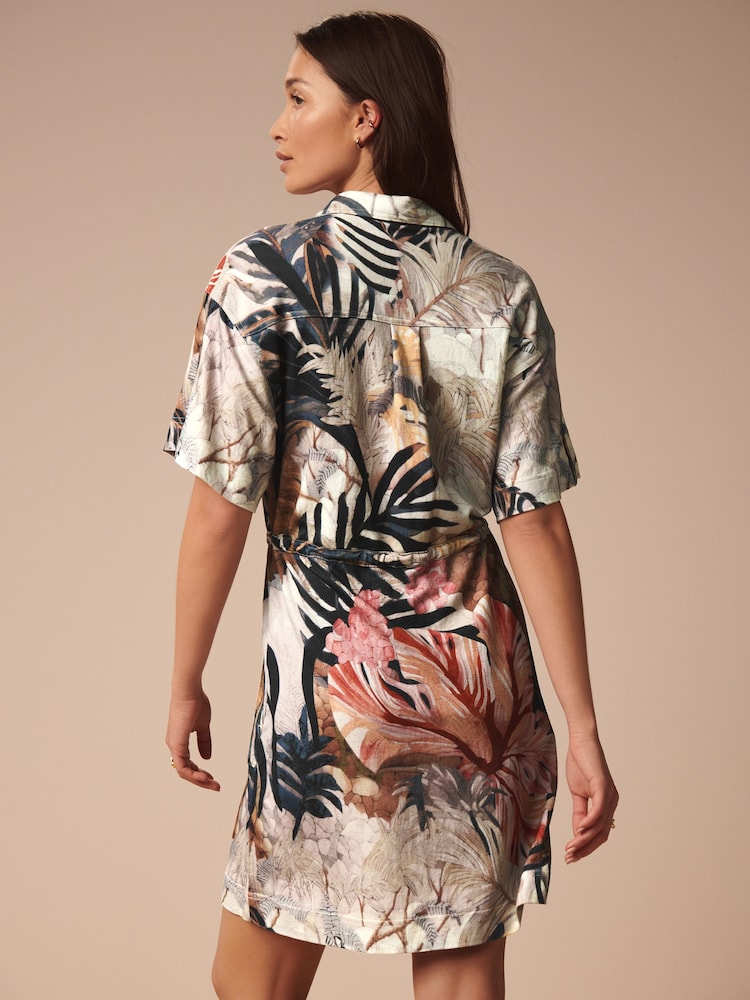 Ecru Tropical Leaf Print Mini Drawstring Utitlity Dress - Image 2 of 6