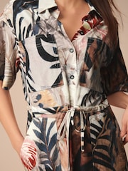 Ecru Tropical Leaf Print Mini Drawstring Utitlity Dress - Image 3 of 6