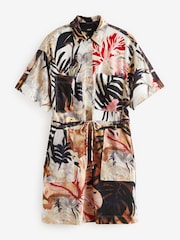 Ecru Tropical Leaf Print Mini Drawstring Utitlity Dress - Image 5 of 6