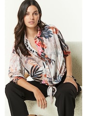 White/Multi Tropical Leaf Print Relaxed Fit Drawstring Hem Shirt - Image 1 of 6