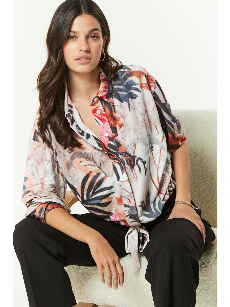 White/Multi Tropical Leaf Print Relaxed Fit Drawstring Hem Shirt - Image 1 of 6 White/Multi Tropical Leaf Print Relaxed Fit Drawstring Hem Shirt - Image 1 of 6