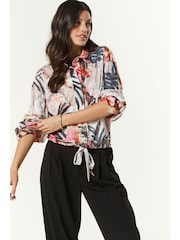 White/Multi Tropical Leaf Print Relaxed Fit Drawstring Hem Shirt - Image 2 of 6