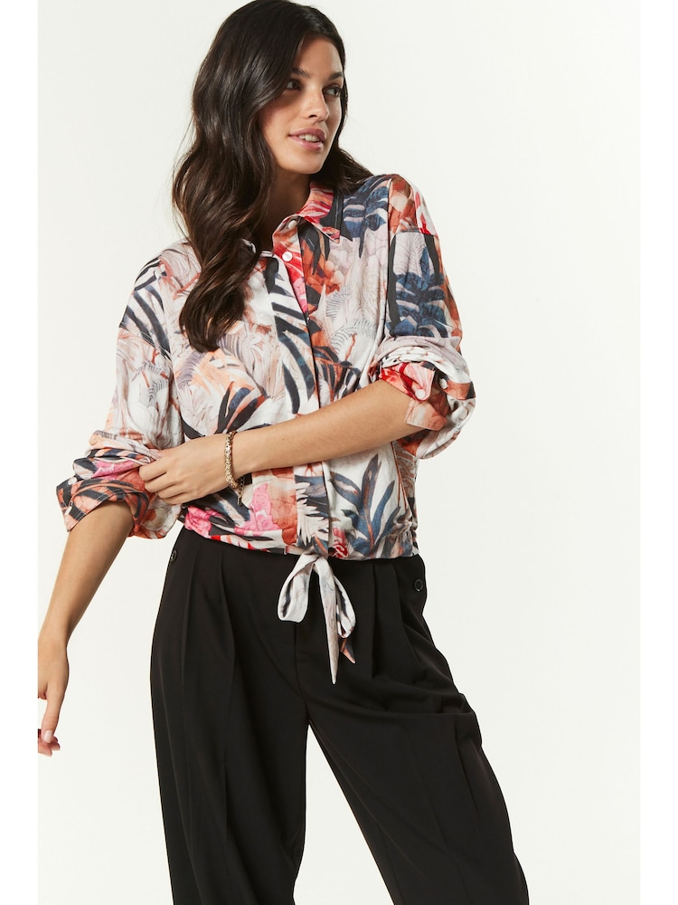 White/Multi Tropical Leaf Print Relaxed Fit Drawstring Hem Shirt - Image 2 of 6