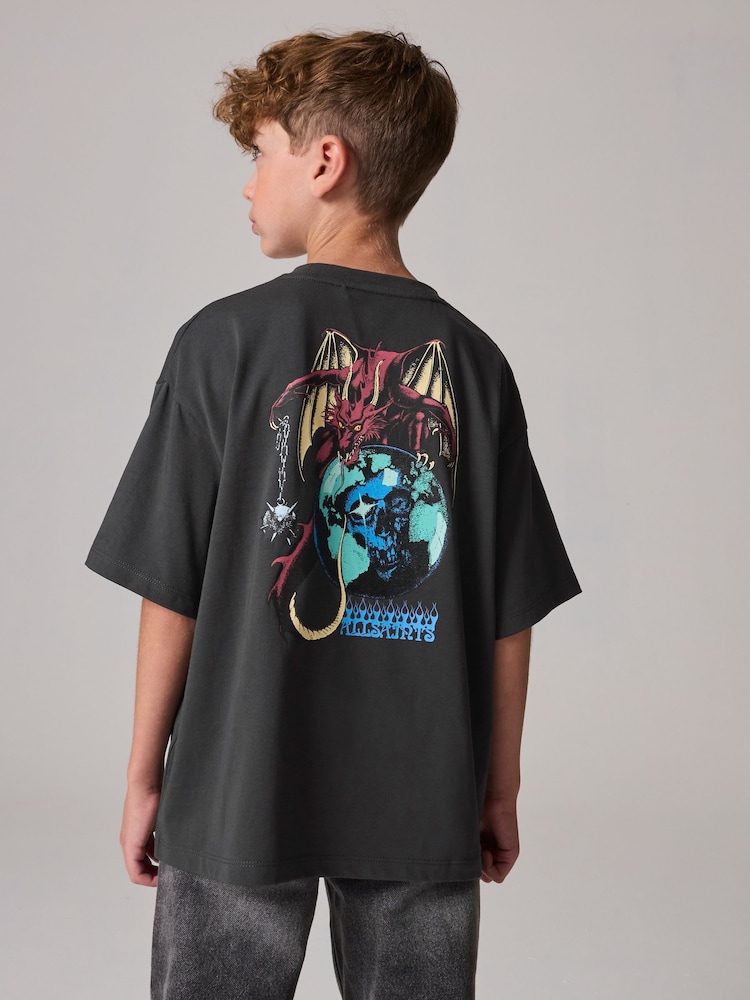 smALLSAINTS Black/Dragon Boys Oversized Graphic Crew 100% Cotton T-Shirt - Image 2 of 8 smALLSAINTS Black/Dragon Boys Oversized Graphic Crew 100% Cotton T-Shirt - Image 2 of 8