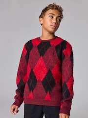 smALLSAINTS Red Boys Harley Brushed Argyle Knitted Jumper - Image 1 of 8