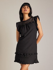 Black 100% Cotton Frill Sleeve Lace Insert Mini Dress - Image 1 of 6