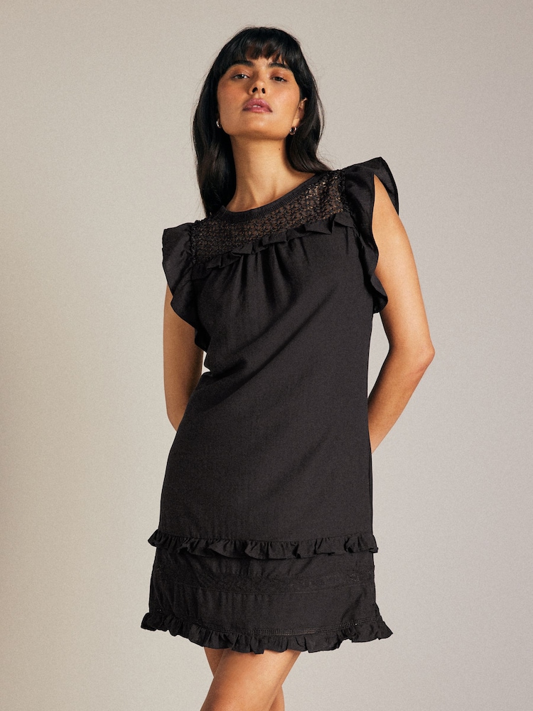 Black 100% Cotton Frill Sleeve Lace Insert Mini Dress - Image 1 of 6