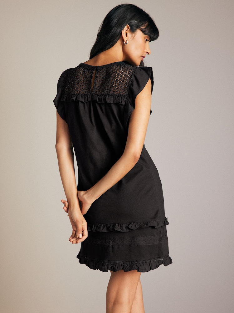 Black 100% Cotton Frill Sleeve Lace Insert Mini Dress - Image 2 of 6