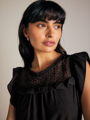 Black 100% Cotton Frill Sleeve Lace Insert Mini Dress - Image 3 of 6