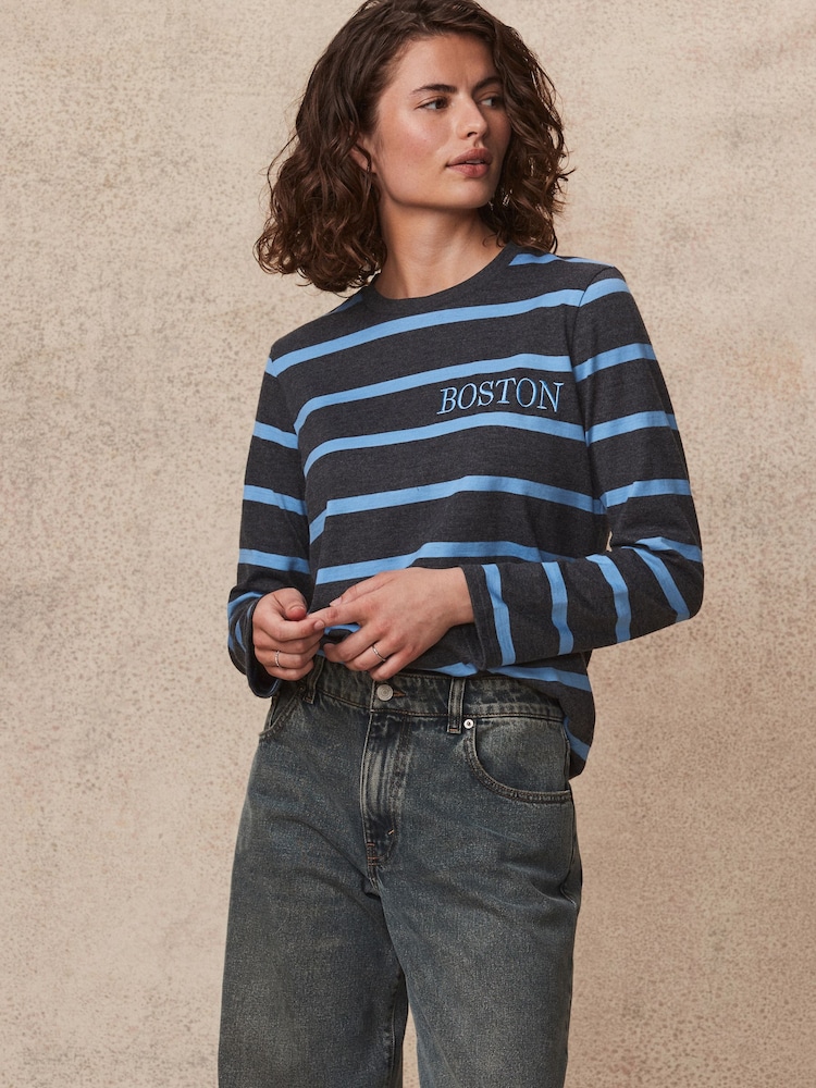 Charcoal Grey / Blue Boston Graphic Long Sleeve Heavyweight Crew Neck T-Shirt - Image 2 of 6