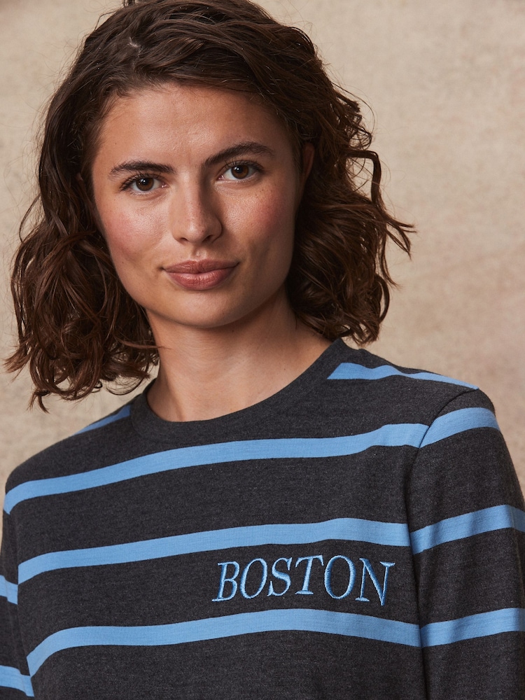 Charcoal Grey / Blue Boston Graphic Long Sleeve Heavyweight Crew Neck T-Shirt - Image 4 of 6