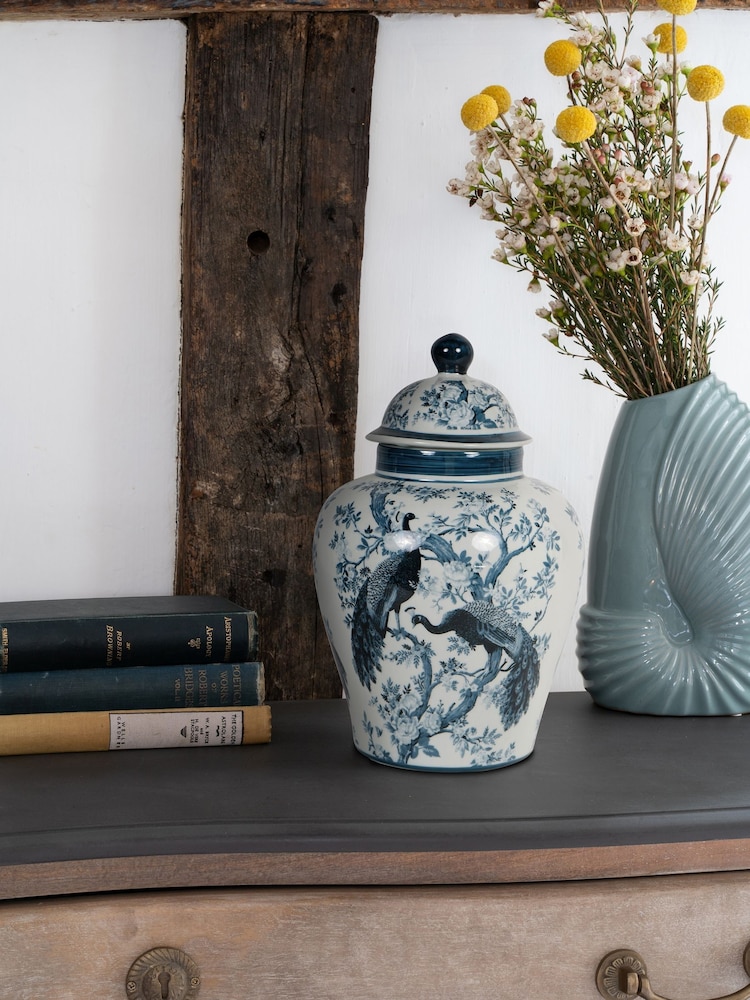 Laura Ashley Blue Belvedere Peacock Porcelain Ginger Jar - Image 1 of 6