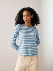 Blue Linen Look Cotton Rich Slub Raw Edge Long Sleeve Top - Image 1 of 6
