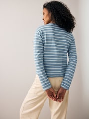 Blue Linen Look Cotton Rich Slub Raw Edge Long Sleeve Top - Image 3 of 6