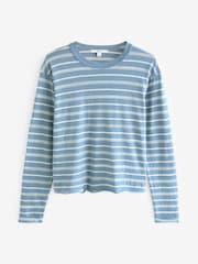 Blue Linen Look Cotton Rich Slub Raw Edge Long Sleeve Top - Image 5 of 6