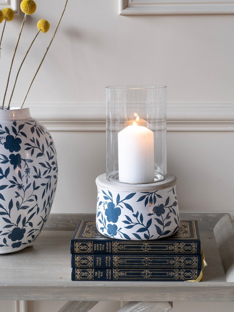 Laura Ashley White/Blue Papier Mache Hand Painted Westbourne Hurricane Candle Holder - Image 1 of 5