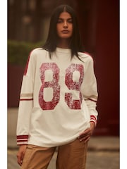 Red/Ecru 100% Cotton Seam Detail Long Sleeve Skater T-Shirt - Image 1 of 6