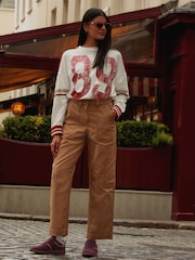 Red/Ecru 100% Cotton Seam Detail Long Sleeve Skater T-Shirt - Image 2 of 6