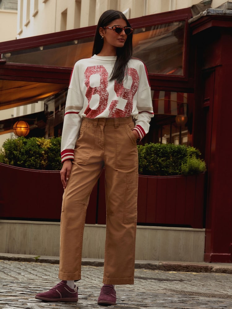 Red/Ecru 100% Cotton Seam Detail Long Sleeve Skater T-Shirt - Image 2 of 6