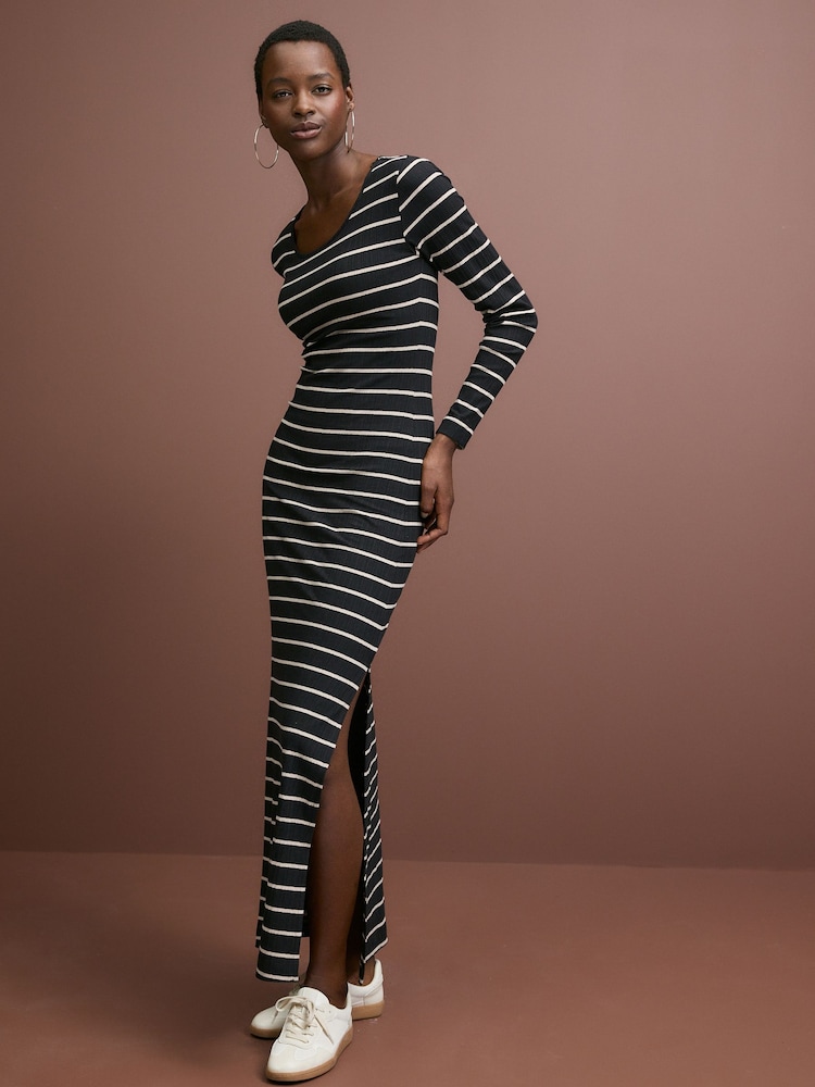 Schwarz - Rundhalsausschnitt Long Sleeve Stretch Rib Maxikleid - Bild 1 von 4