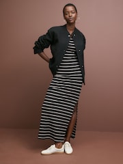 Schwarz - Rundhalsausschnitt Long Sleeve Stretch Rib Maxikleid - Bild 2 von 4