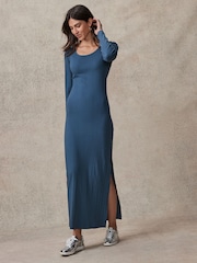 Indigo Blue Scoop Neck Long Sleeve Stretch Rib Maxi Dress - Image 1 of 7