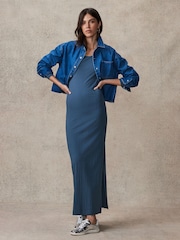 Indigo Blue Scoop Neck Long Sleeve Stretch Rib Maxi Dress - Image 2 of 7