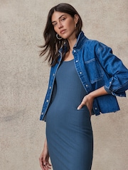 Indigo Blue Scoop Neck Long Sleeve Stretch Rib Maxi Dress - Image 3 of 7