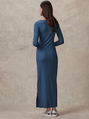 Indigo Blue Scoop Neck Long Sleeve Stretch Rib Maxi Dress - Image 4 of 7