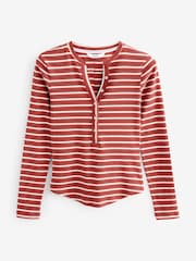 أحمر - رداء علويHenley بكم طويل نسيج مضلع بأزرار - صورة 5 من 6