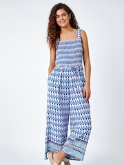 Roman Blue Geometric Print Wide Leg Stretch Jumpsuit - Image 2 of 5