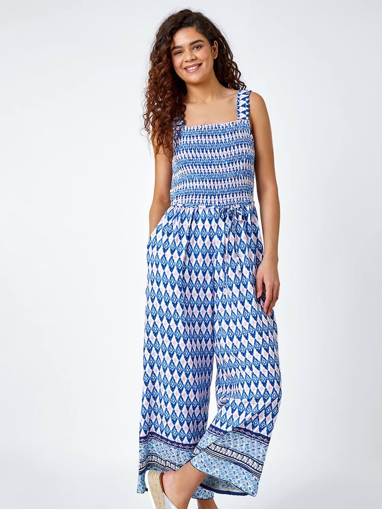 Roman Blue Geometric Print Wide Leg Stretch Jumpsuit - Image 2 of 5