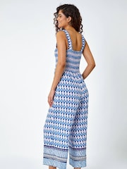 Roman Blue Geometric Print Wide Leg Stretch Jumpsuit - Image 3 of 5