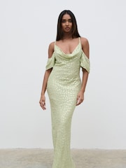 Pretty Lavish Pistachio / Gold Nia Draped Cold Shoulder Maxi Dress - Image 1 of 5